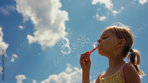 little girl blows bubbles outdoors sky clouds background