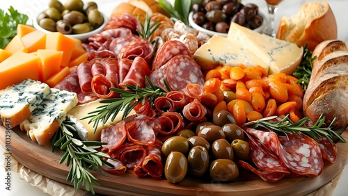 Overhead shot of a diverse platter featuring meats, cheeses, olives, and bread. Concept Food Photography, Charcuterie Platter, Overhead Shot, Diverse Selection, Meats and Cheeses