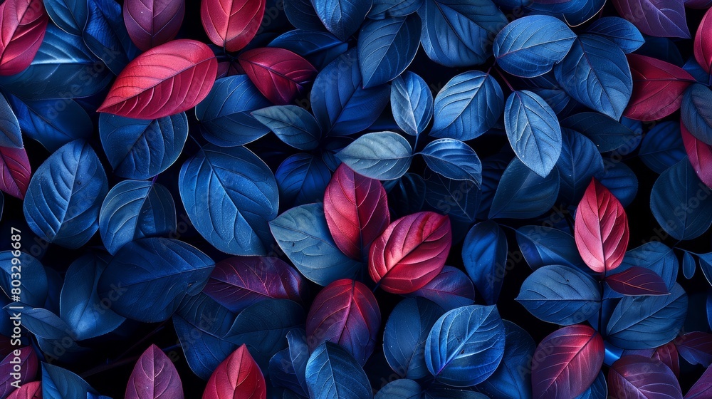 A small leaf in midnight blue, royal blue, and burgundy red colors against a minimal background with negative space.