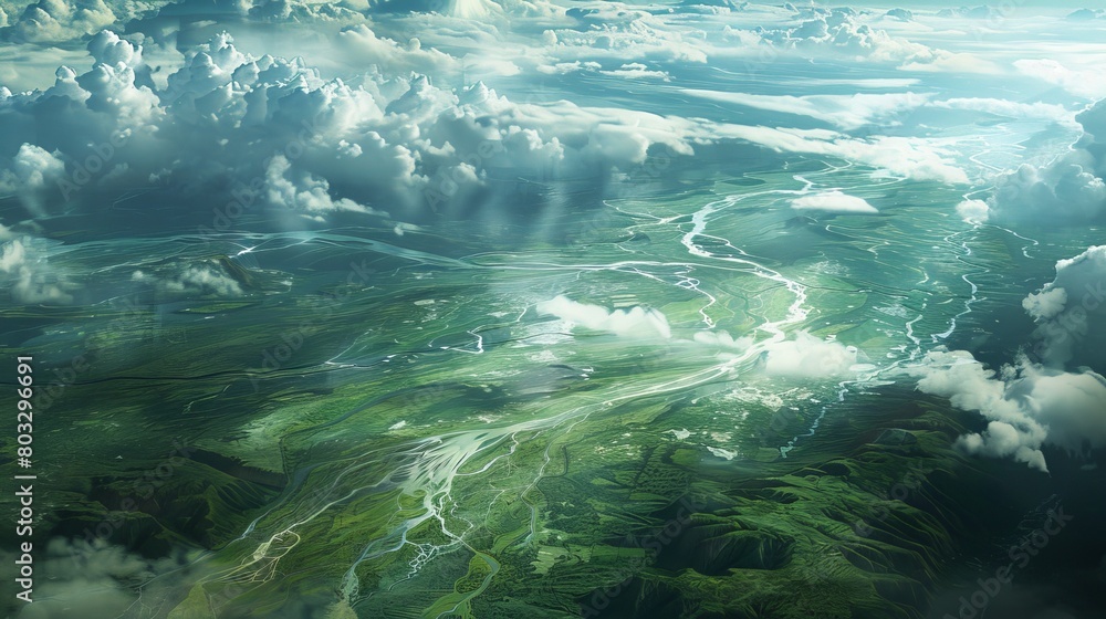 Aerial view of lush green valleys under a dramatic cloudscape in a dreamlike landscape