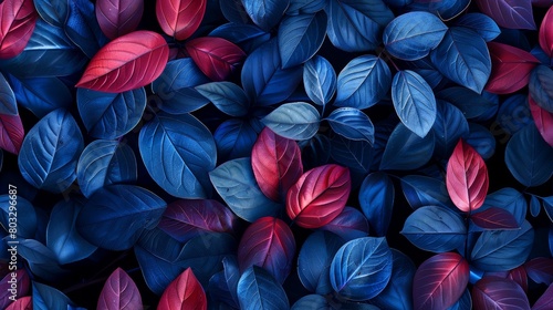A small leaf in midnight blue  royal blue  and burgundy red colors against a minimal background with negative space.