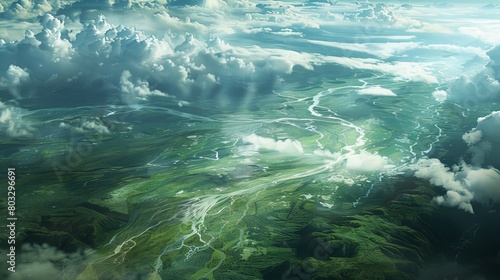 Aerial view of lush green valleys under a dramatic cloudscape in a dreamlike landscape © Yusif