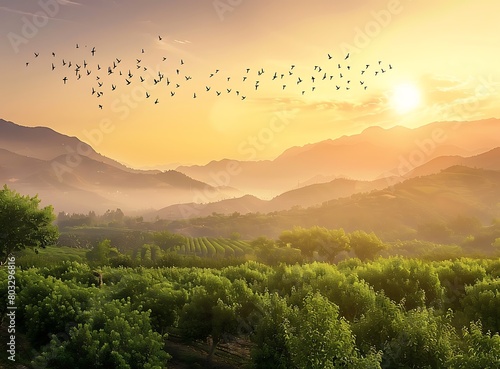 Sunrise over the mountains  birds flying in formation above an orchard with green trees and hills  symbolizing hope for each day