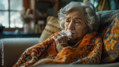 An elderly woman resting at home struggles with the inconvenience of a seasonal illness. She wore a blanket and sneezed into a tissue. To overcome the flu with agility and grace despite discomfort.
