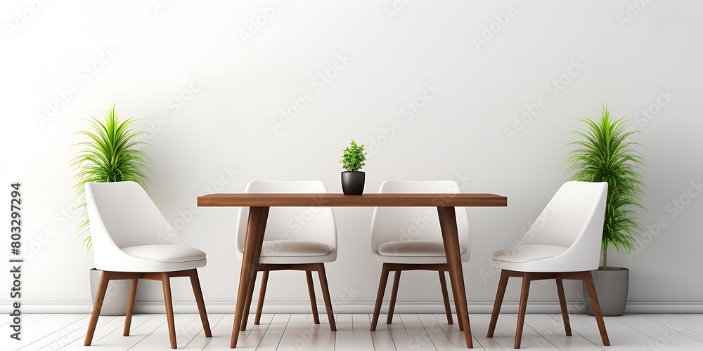 Modern white interior with wooden table, chairs and plants. Vector illustration.