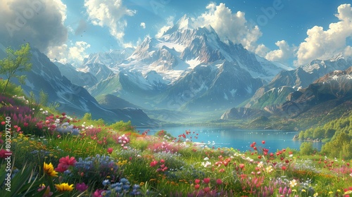 Colorful Wildflowers Blanket Majestic Peaks, generative ai