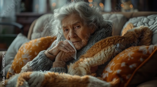 An elderly woman resting at home struggles with the inconvenience of a seasonal illness. She wore a blanket and sneezed into a tissue. To overcome the flu with agility and grace despite discomfort. photo