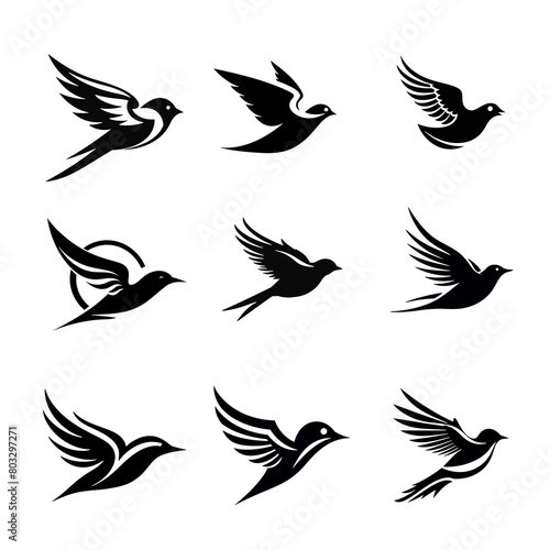 Bird silhouettes set collection for icon logo, 9 Bird Clipart images, Bird Logo, AI generative