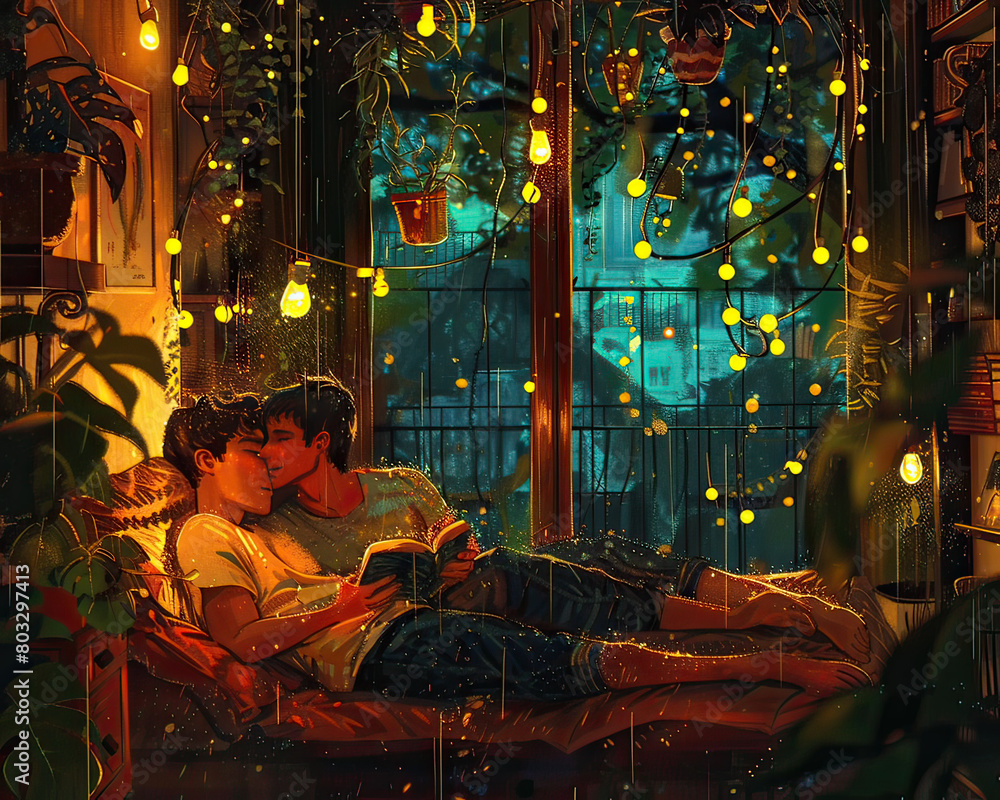 Artistic illustration of a young gay couple kissing on a couch, surrounded by plants and string lights.