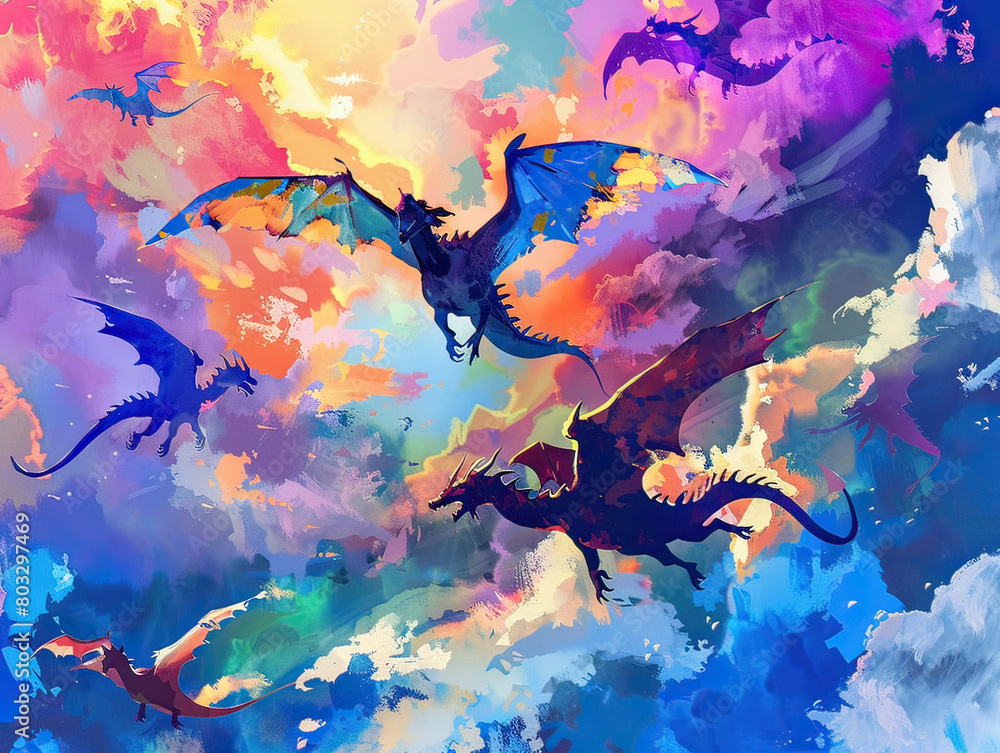 Artistic rendering of mythical dragons engaged in an aerial battle among vibrant, colorful clouds, evoking fantasy and adventure.