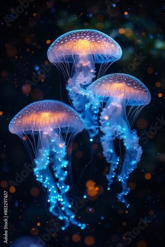 Three jellyfish are floating in the dark blue water