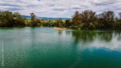 Panoramic view of the lake in summer.