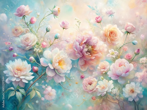 Dreamy, ethereal scene of soft pastel flowers, perfect for backgrounds in bridal or fashion design, or as decorative wall art © Evarelle