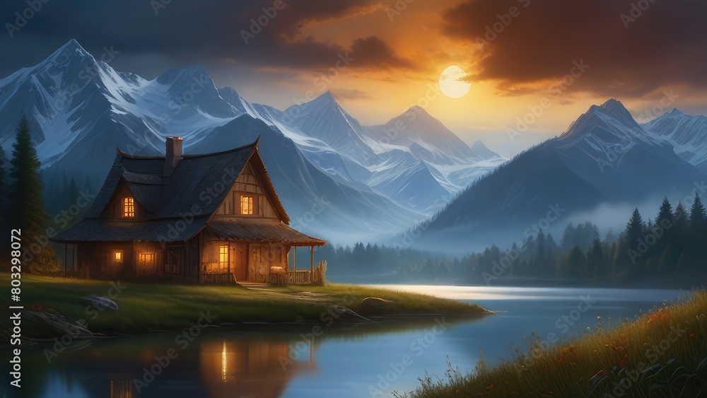 Fototapeta premium landscape with lake and mountains