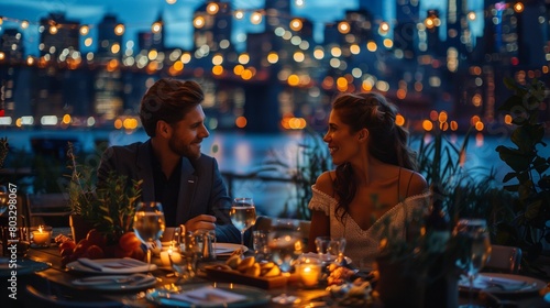 Urban Elegance: String-Lit Dinner on a Rooftop Terrace, generative ai