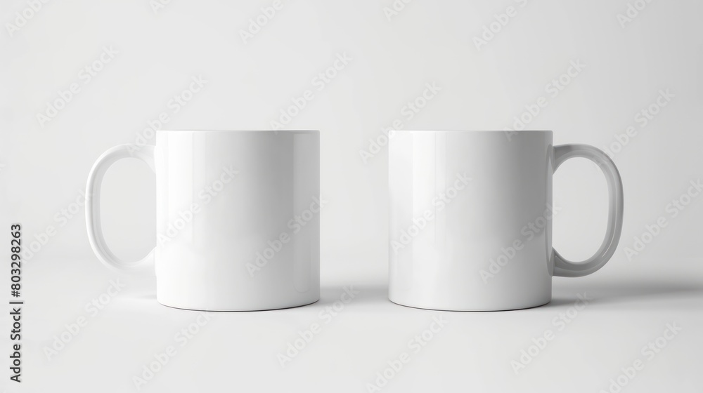 3d mockup of two white mugs with handle facing each other on a plain background 3d mockup of two white mugs with handle facing each other on a plain background