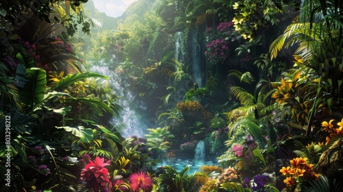 Majestic tropical jungle with morning sunlight filtering through dense foliage