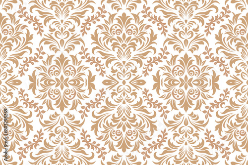 Wallpaper in the style of Baroque. A seamless background. White and gold floral ornament. Graphic pattern for fabric, wallpaper, packaging. Ornate Damask flower ornament