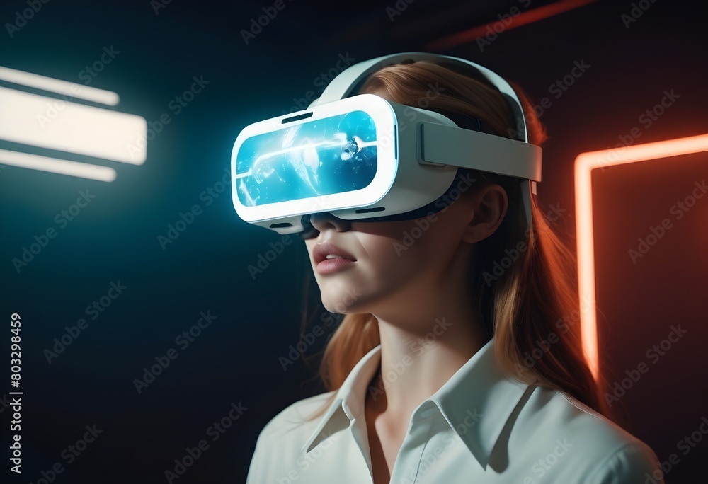 Woman Engages in Digital Simulation with Modern VR Headset Amidst Dynamic Neon Lights, Embracing Woman Engages in Digital Simulation with Modern VR Headset Amidst Dynamic Neon Lights, Embracing