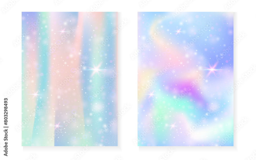 Unicorn background with kawaii magic gradient. Princess rainbow hologram. Holographic fairy set. Colorful fantasy cover. Unicorn background with sparkles and stars for cute girl party invitation.