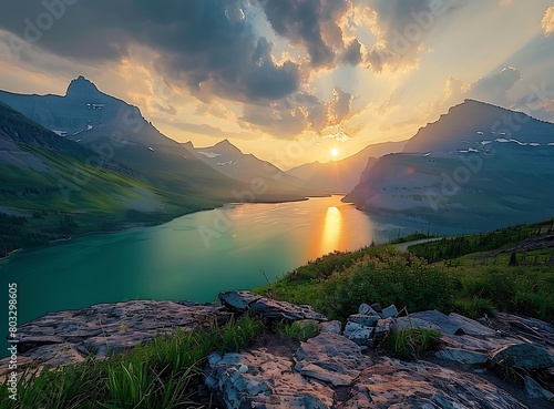 The beautiful sunrise over St Mary Lake in Glacier National Park, with black rock cliffs and turquoise water, mountains, green grassy hills, was photographed  photo
