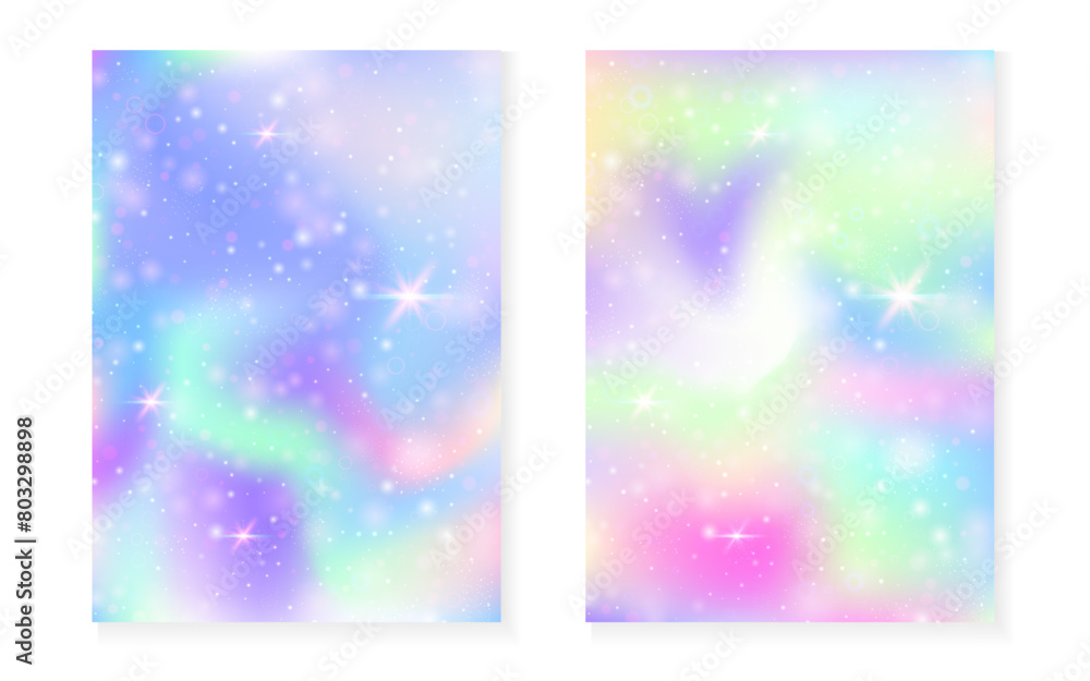 Unicorn background with kawaii magic gradient. Princess rainbow hologram. Holographic fairy set. Colorful fantasy cover. Unicorn background with sparkles and stars for cute girl party invitation. Unicorn background with kawaii magic gradient. Princess rainbow hologram. Holographic fairy set. Colorful fantasy cover. Unicorn background with sparkles and stars for cute girl party invitation.