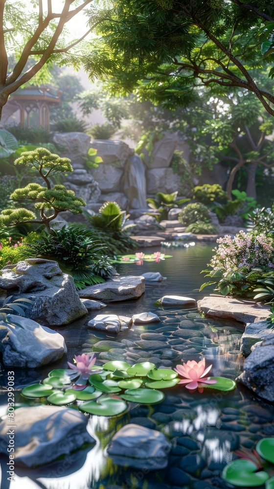 Exquisite oriental garden with lotus pond and waterfall