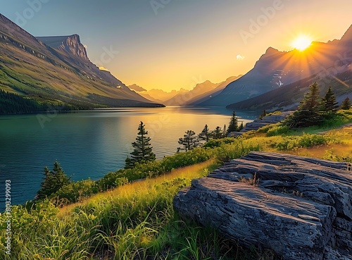 The beautiful sunrise over St Mary Lake in Glacier National Park, with black rock cliffs and turquoise water, mountains, green grassy hills, was photographed photo