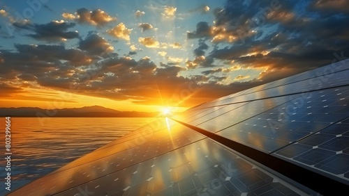 Efficient solar technology harnesses renewable energy at sunset for environmental conservation. Concept Solar technology, Renewable energy, Efficient harnessing, Environmental conservation