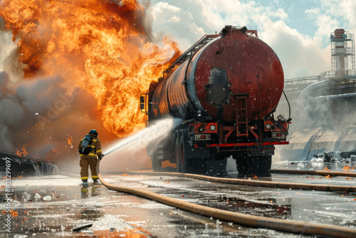 Fire fighters at work, Firefighters in action to fighting with the fire flame from oil tanker truck. © torjrtrx
