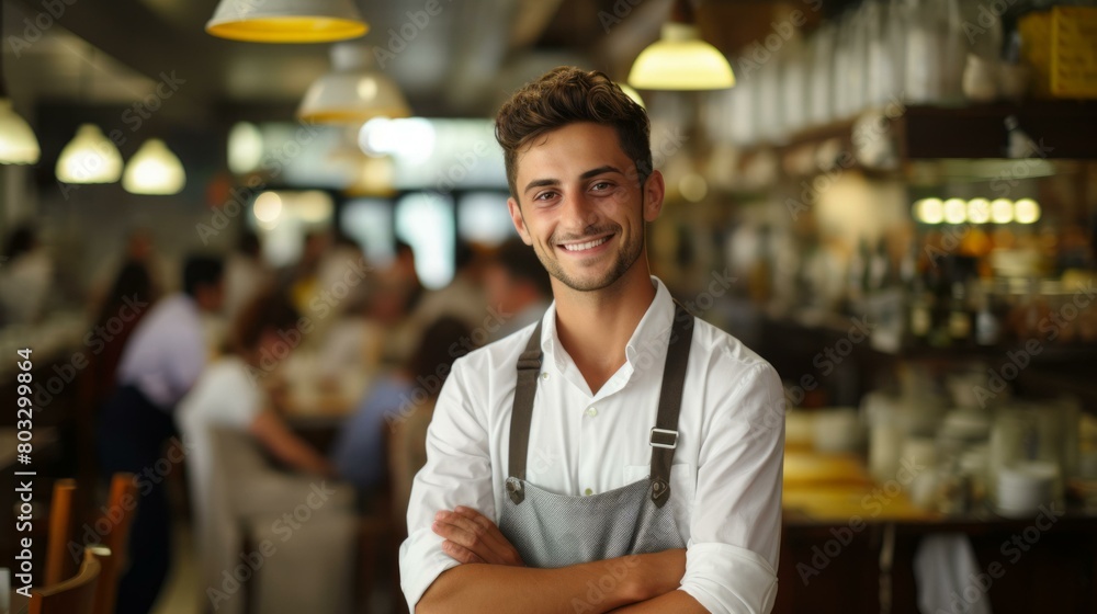 Portrait of a happy young waiter in a restaurant