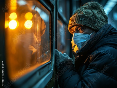 Elderly woman wearing a mask looking out of a train window