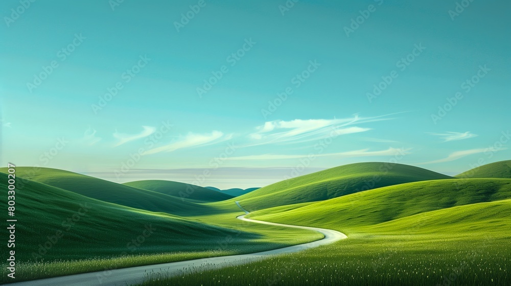 Curved road winding through vibrant green hills under blue skies with wispy clouds. Digital landscape illustration. Tranquil nature and travel concept. Design for poster, wallpaper.