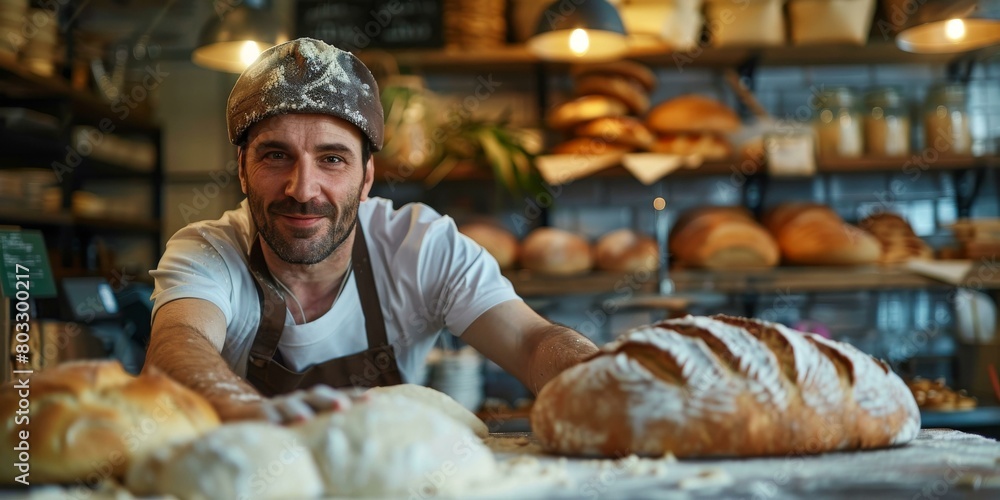 Baker proudly displaying his freshly baked bread Baker proudly displaying his freshly baked bread