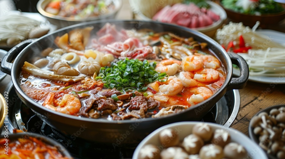 A variety of ingredients are in a hot pot.