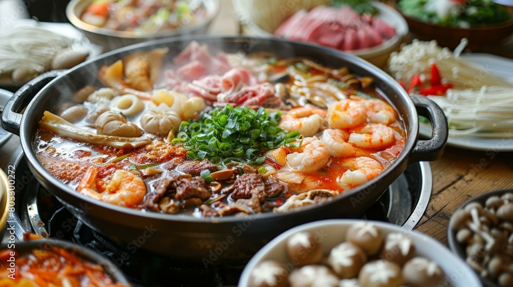 A variety of ingredients are in a hot pot. A variety of ingredients are in a hot pot.