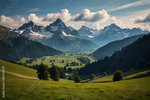 Idyllic landscape in the swiss with fresh green meadows and snow-capped mountain tops in the background photo