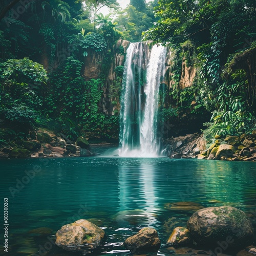 Tropical waterfall surrounded by dense greenery and rocks. Digital art of a serene natural landscape. Nature and tranquility concept. Design for poster, wallpaper. © ArtStockVault
