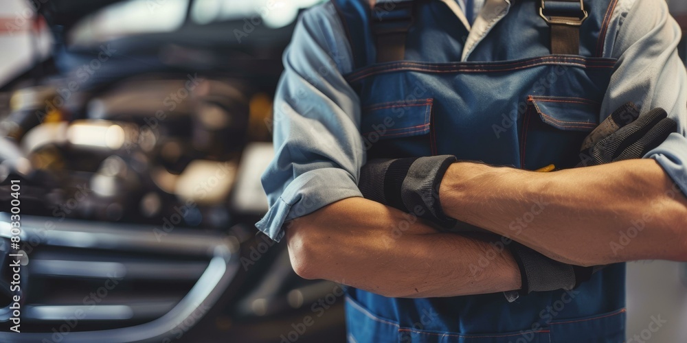 mechanic in gloves standing with crossed arms in front of car mechanic in gloves standing with crossed arms in front of car