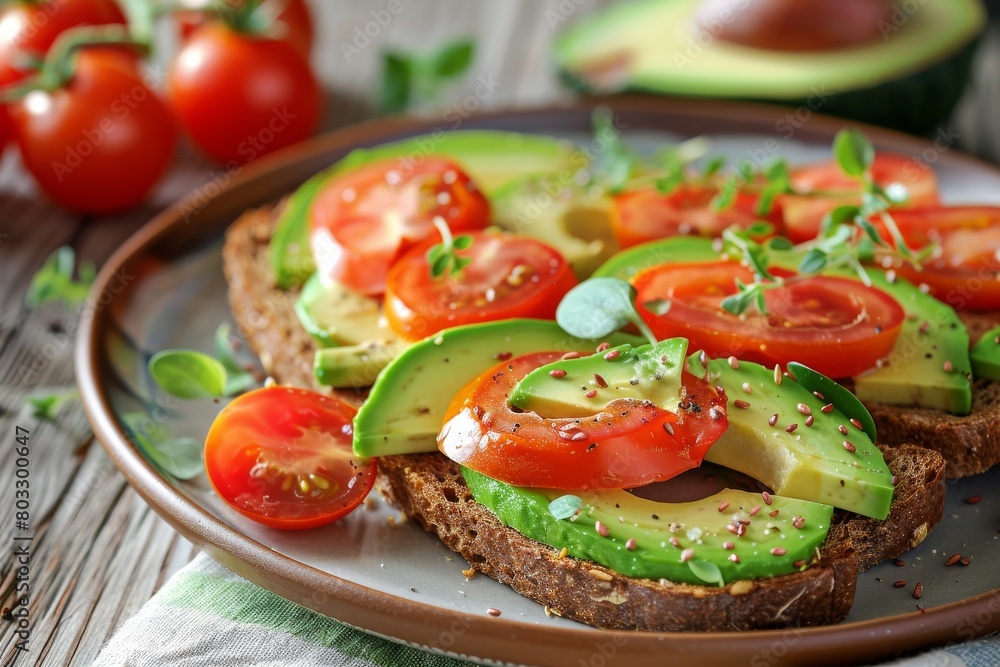 A delicious plate of whole grain toast topped with creamy avocado slices and juicy cherry tomatoes. A delicious plate of whole grain toast topped with creamy avocado slices and juicy cherry tomatoes.