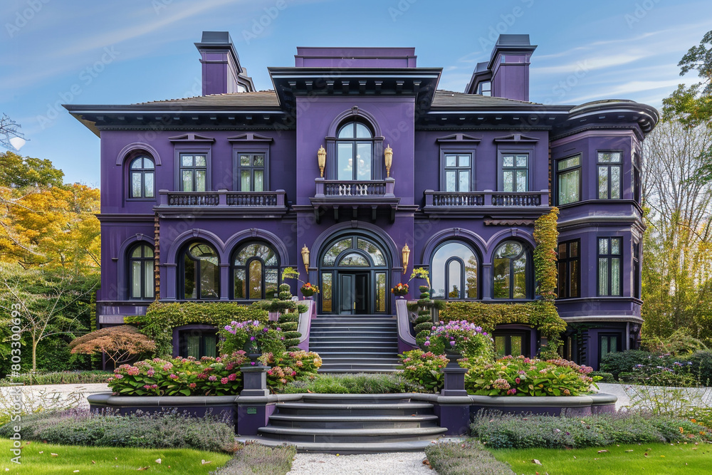 Full front view of a classic house in rich violet, with an ornamental garden and a series of elegant, arched windows.