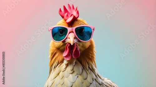 imaginative animal notion. Isolated on a solid pastel background, a chicken hen wearing sunglasses is a surrealist editorial advertisement. photo