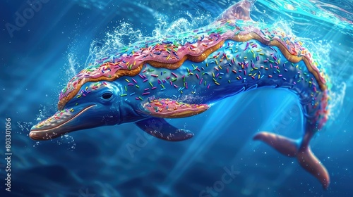 
dolphin-like body, but its colorful scales resemble the sugary glaze and sprinkles. it gracefully swims in the ocean AI generated photo