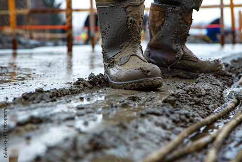 Image of a construction worker's boots making an imprint on wet concrete, symbolizing the hard work and progress on a build site