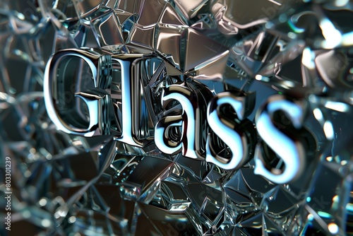 The word 'Glass' with reflective and refractive qualities amidst a pile of glass shards photo