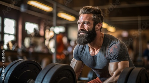 A muscular man with a beard is lifting weights in a gym.