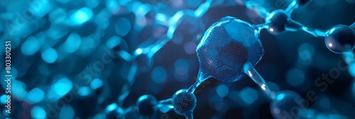 A wide panoramic image embodying a blue molecular structure with a glowing light effect on particles