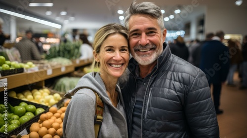 Happy couple shopping for groceries in a supermarket