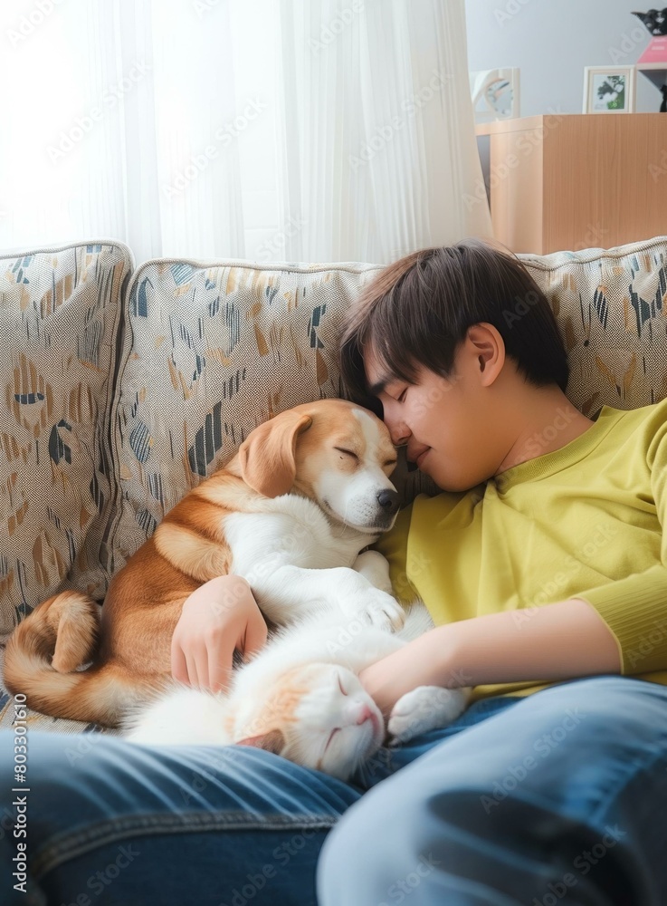 A man is sleeping on the couch with a dog and a cat A man is sleeping on the couch with a dog and a cat