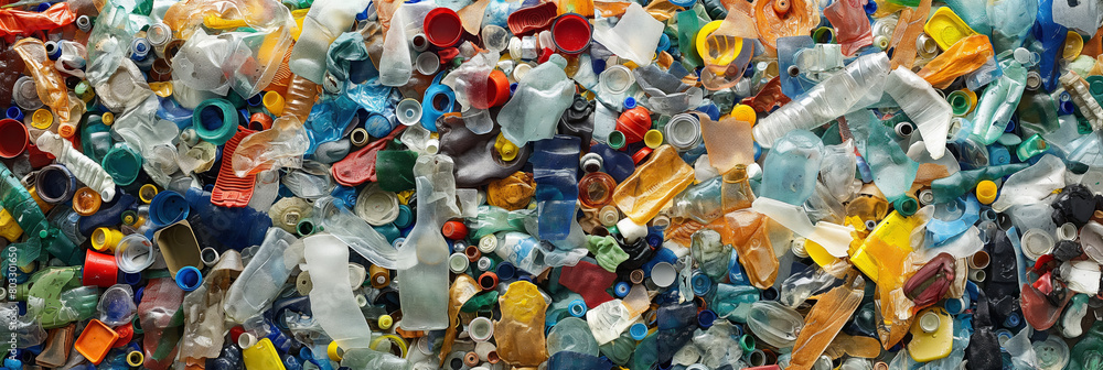 A vibrant and chaotic mix of multicolored plastic items highlighting pollution A vibrant and chaotic mix of multicolored plastic items highlighting pollution